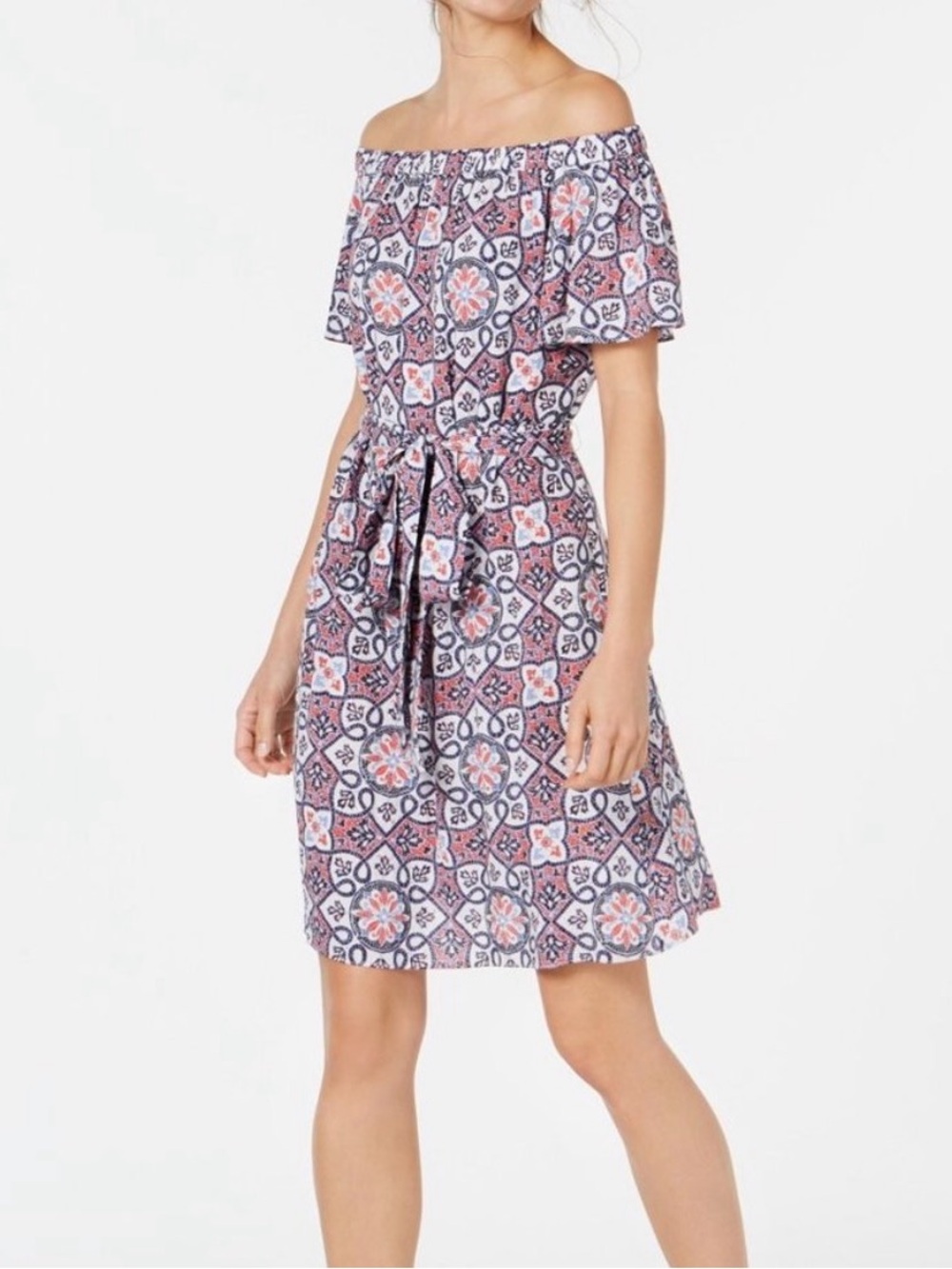 MICHAEL Michael Kors Pink and Navy Off-Shoulder Printed Drawstring Dress
